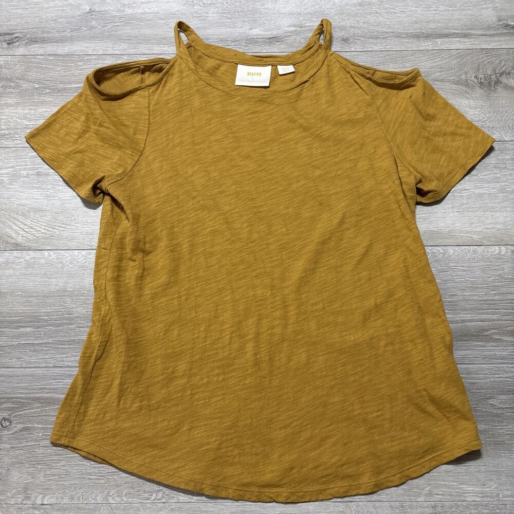 MEAVE Anthropologie Mustard Yellow Slub Cotton Short Sleeve Open Shoulder Top S